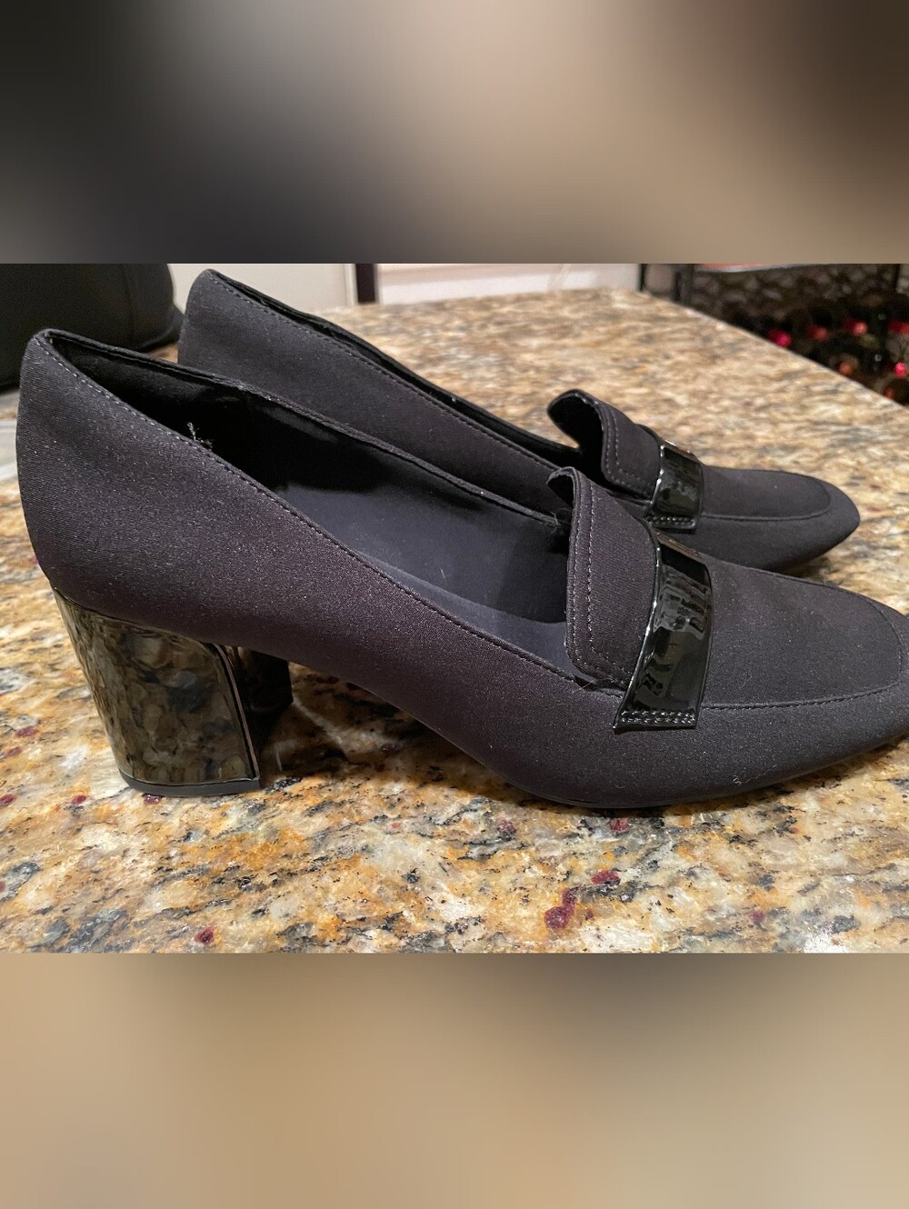 Fabulous Never Worn Anne Klein Black Fabric Loafers with Patent Accent